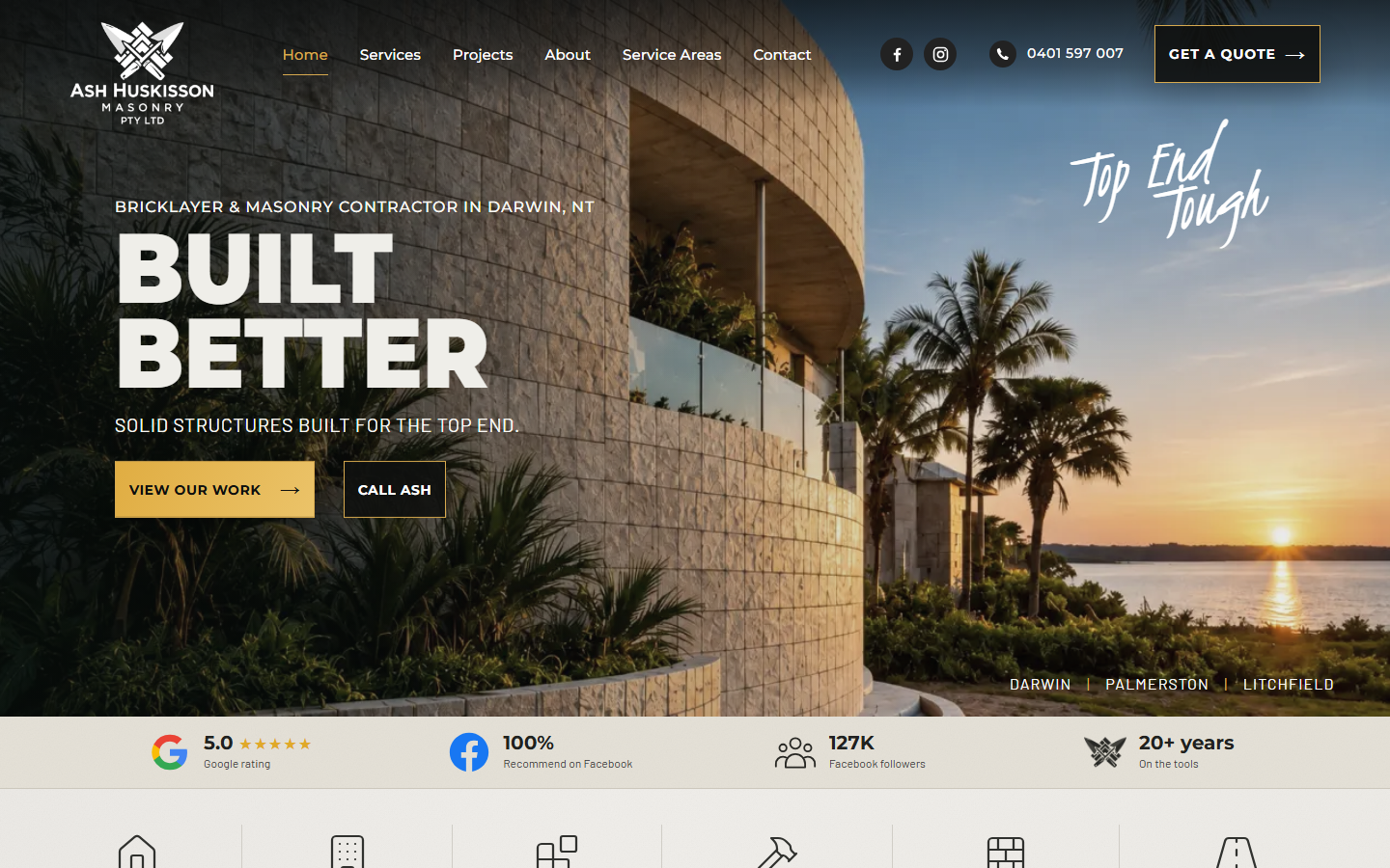 Ash Huskisson Masonry’s live homepage at ahmasonry.com.au