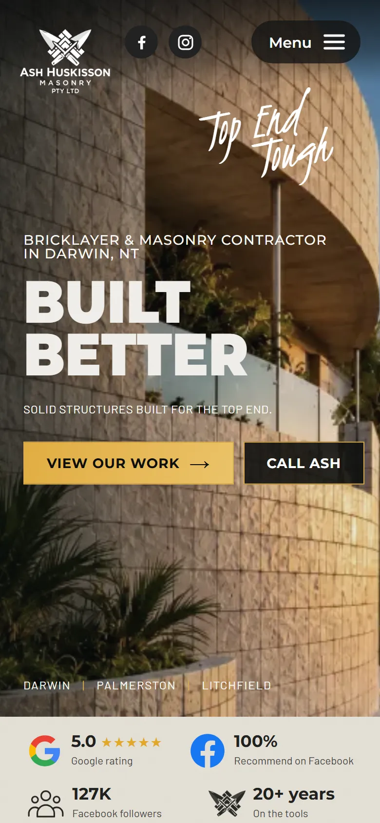 The same Ash Huskisson Masonry site on a phone, with the Call Ash button in easy reach.