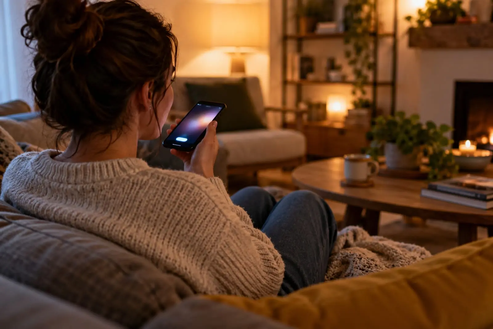 Someone on the couch at home asking a voice assistant on their phone, seen from behind