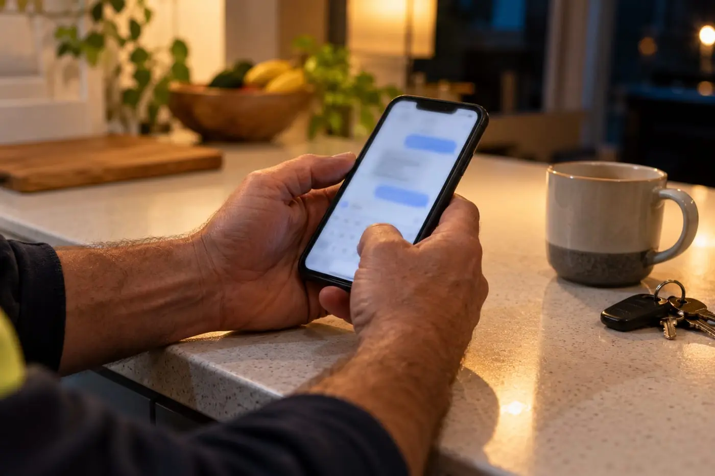 A tradesperson at the kitchen bench in the evening, asking an AI assistant on their phone who to call