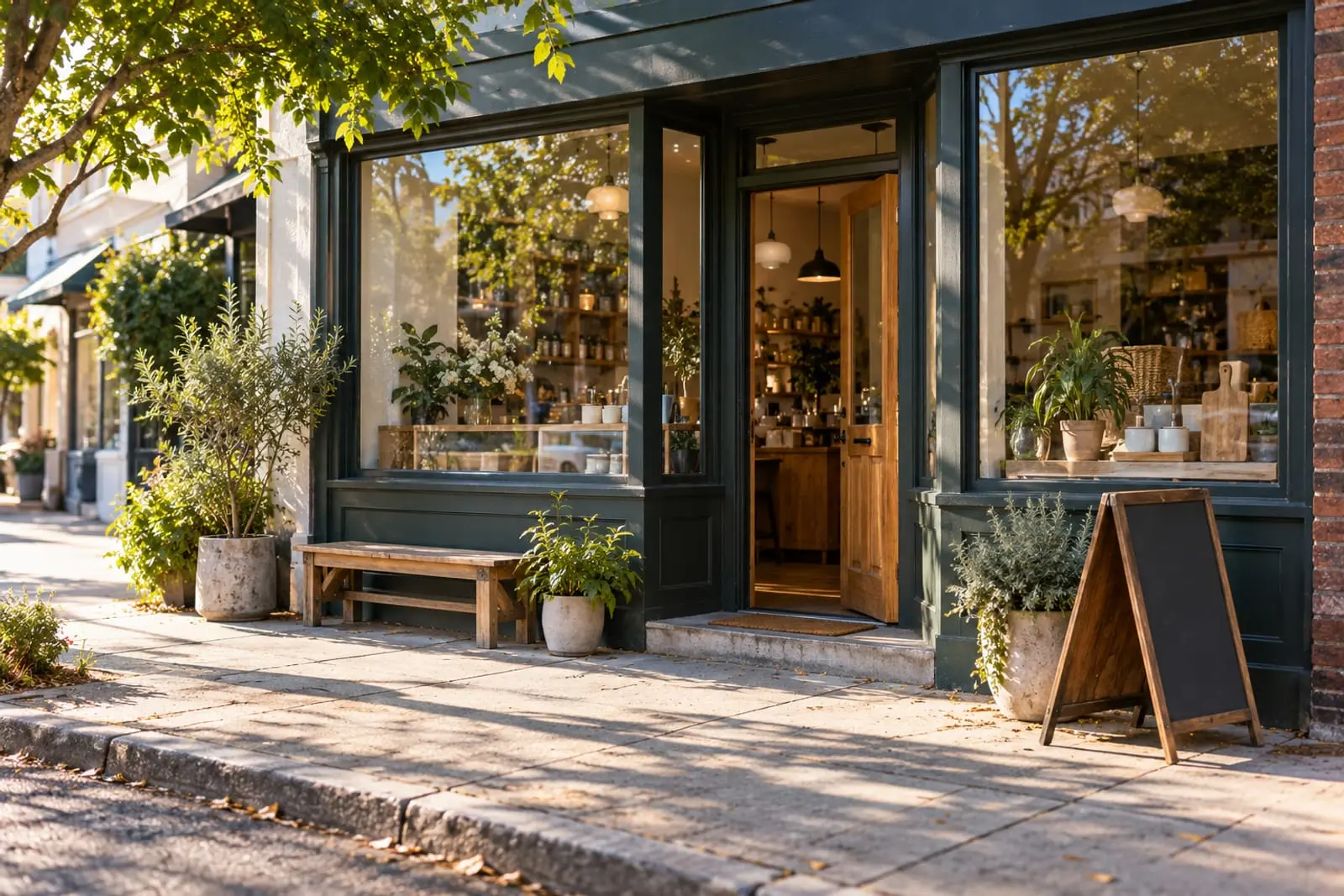 A small local shopfront on a quiet street in morning light, door open