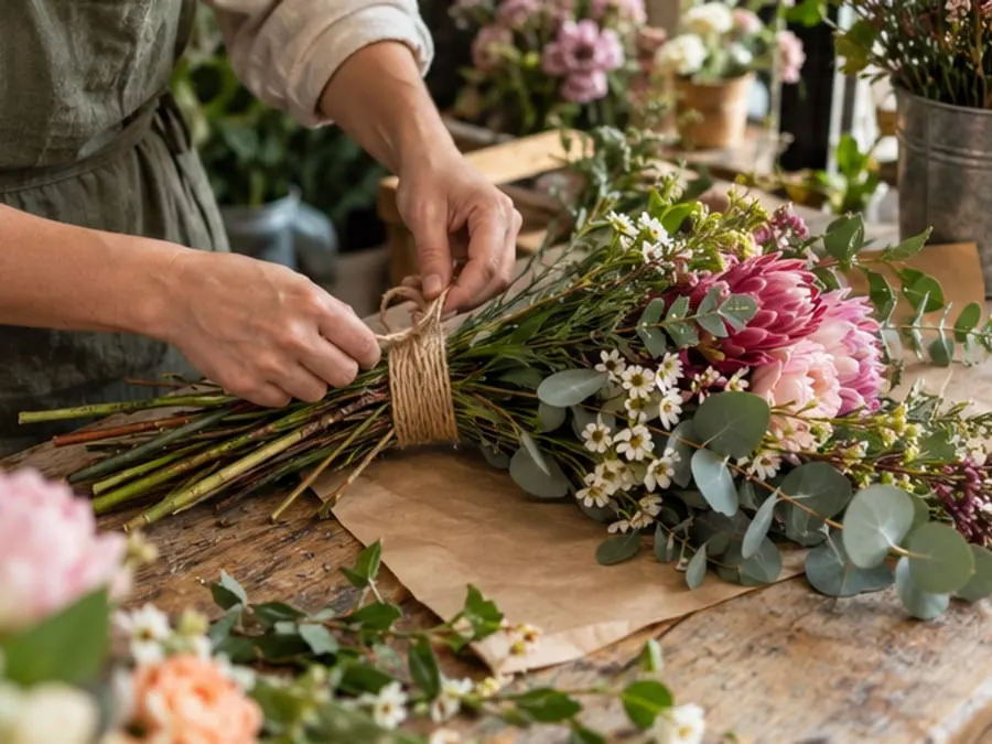A florist tying a bouquet with twine