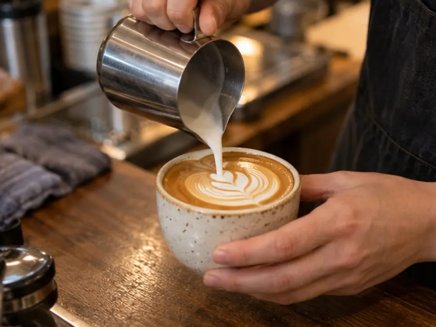 A barista pouring latte art