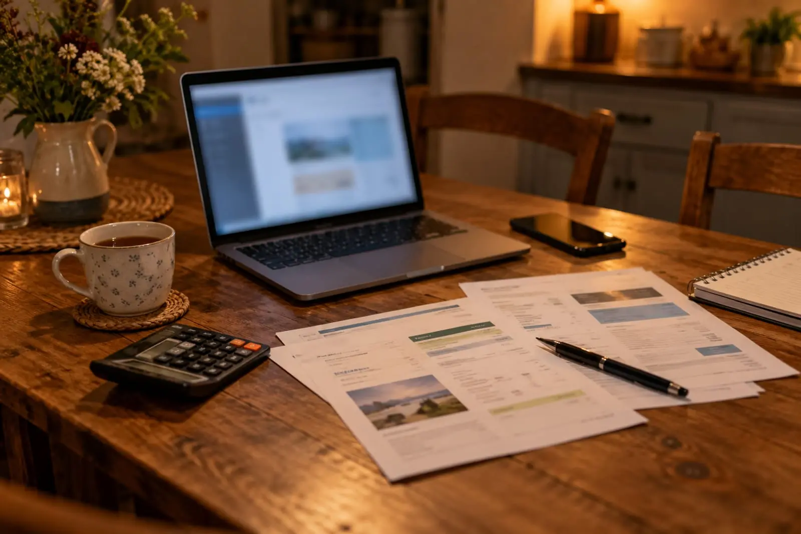 Laptop, quotes and a calculator on a kitchen table at night: weighing up what SEO is worth