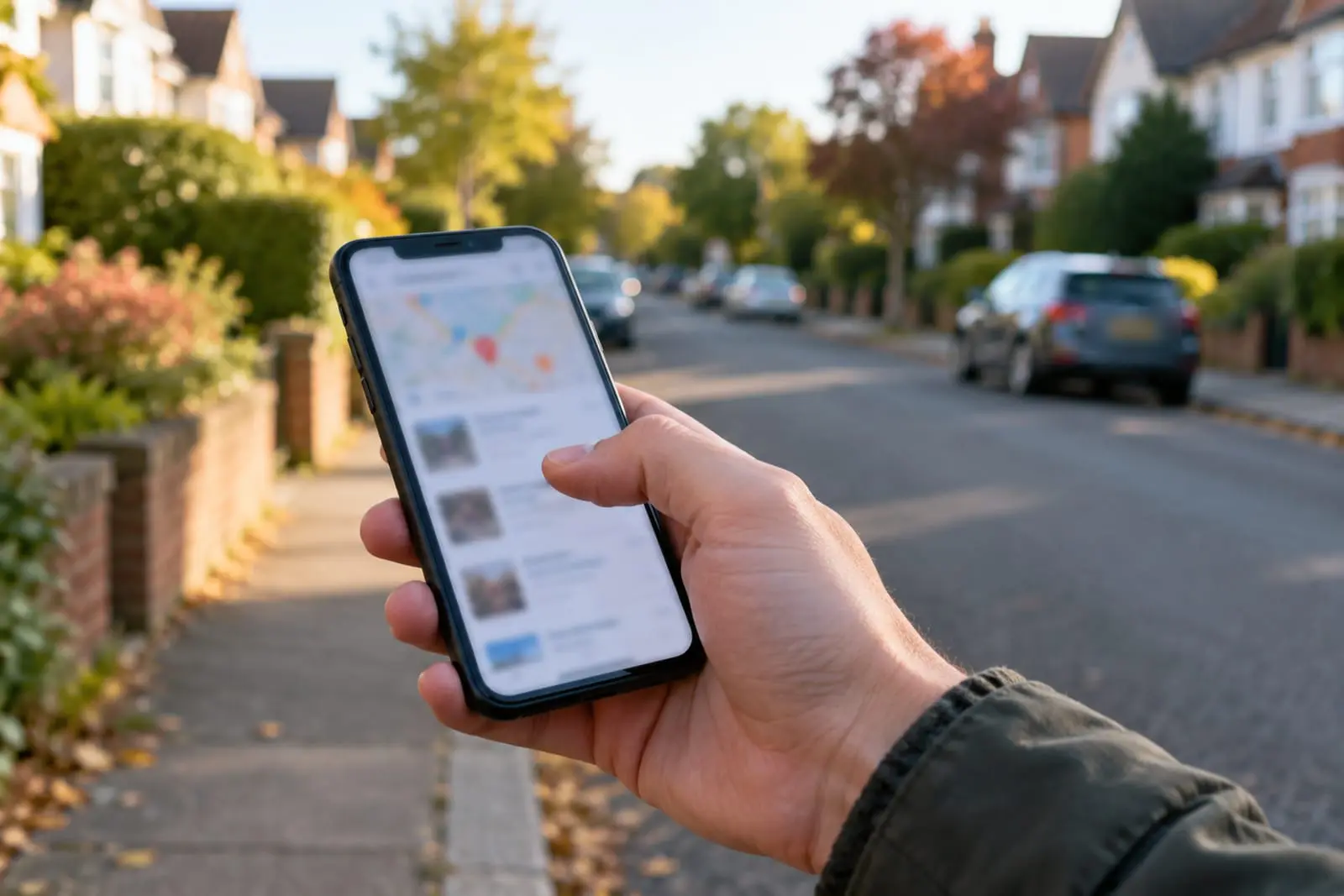 A hand holding a phone with a map search open, on a quiet suburban street