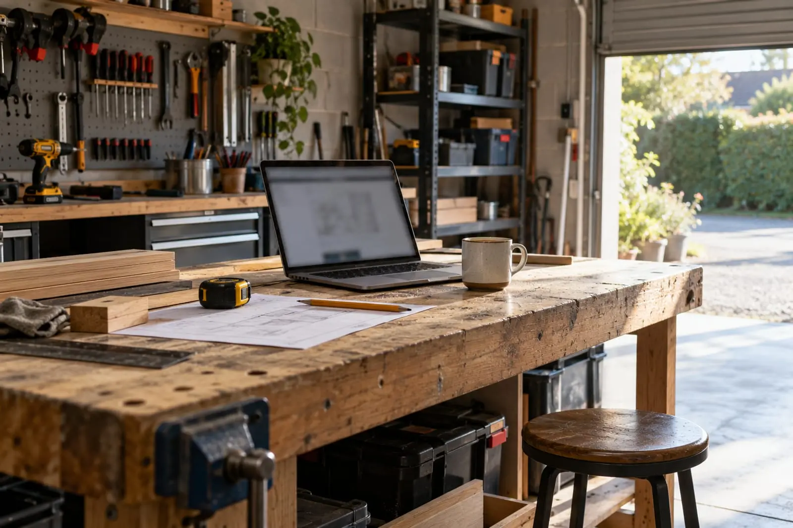 A laptop on a workshop bench with a tape measure and plans, the roller door open to the morning